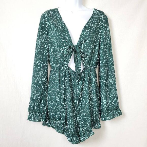 SHEIN Green Polka Dot Tie Front Ruffle Romper Size L - Picture 1 of 8